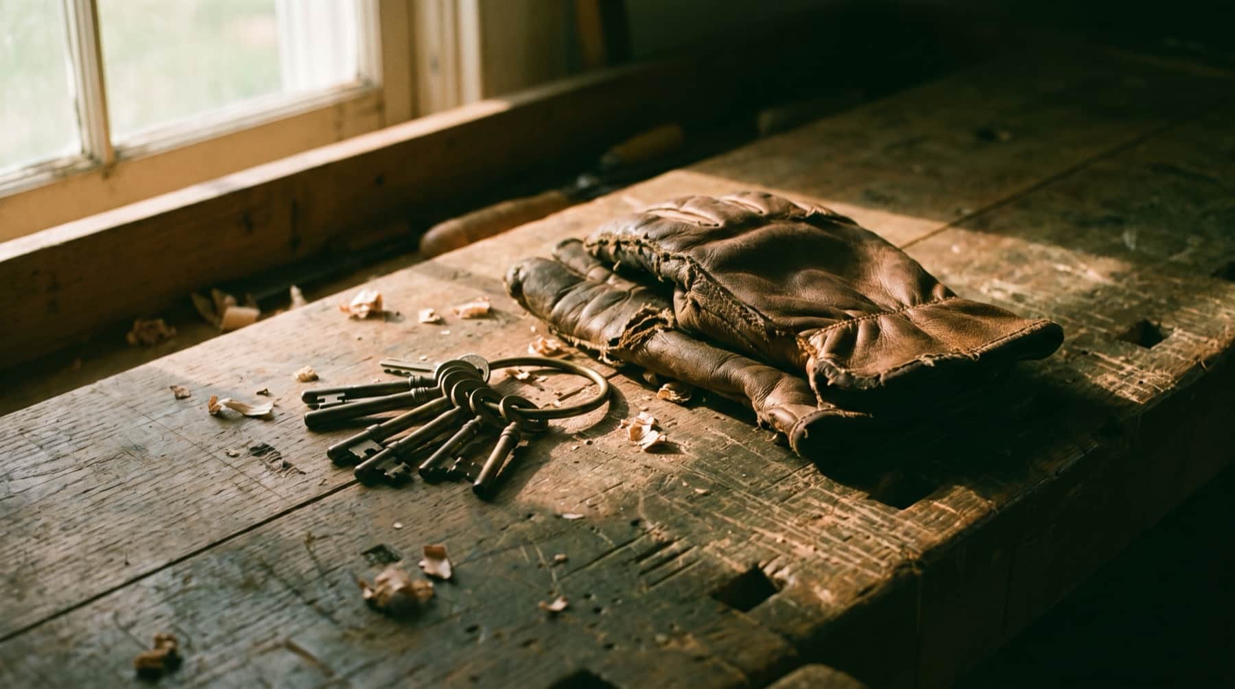 Well-worn work gloves and a ring of keys on a workshop bench